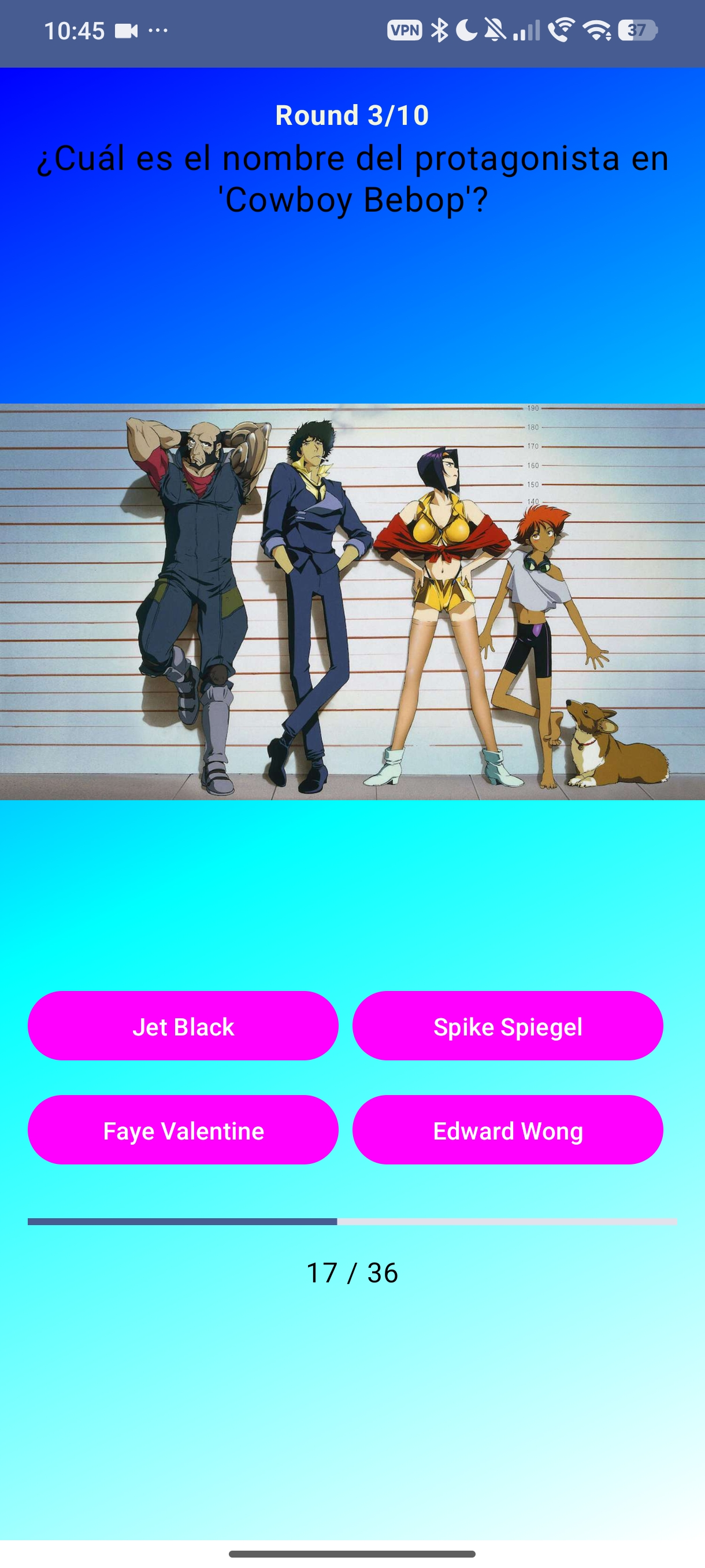 Android Trivia App Cowboy Bebop gameplay question