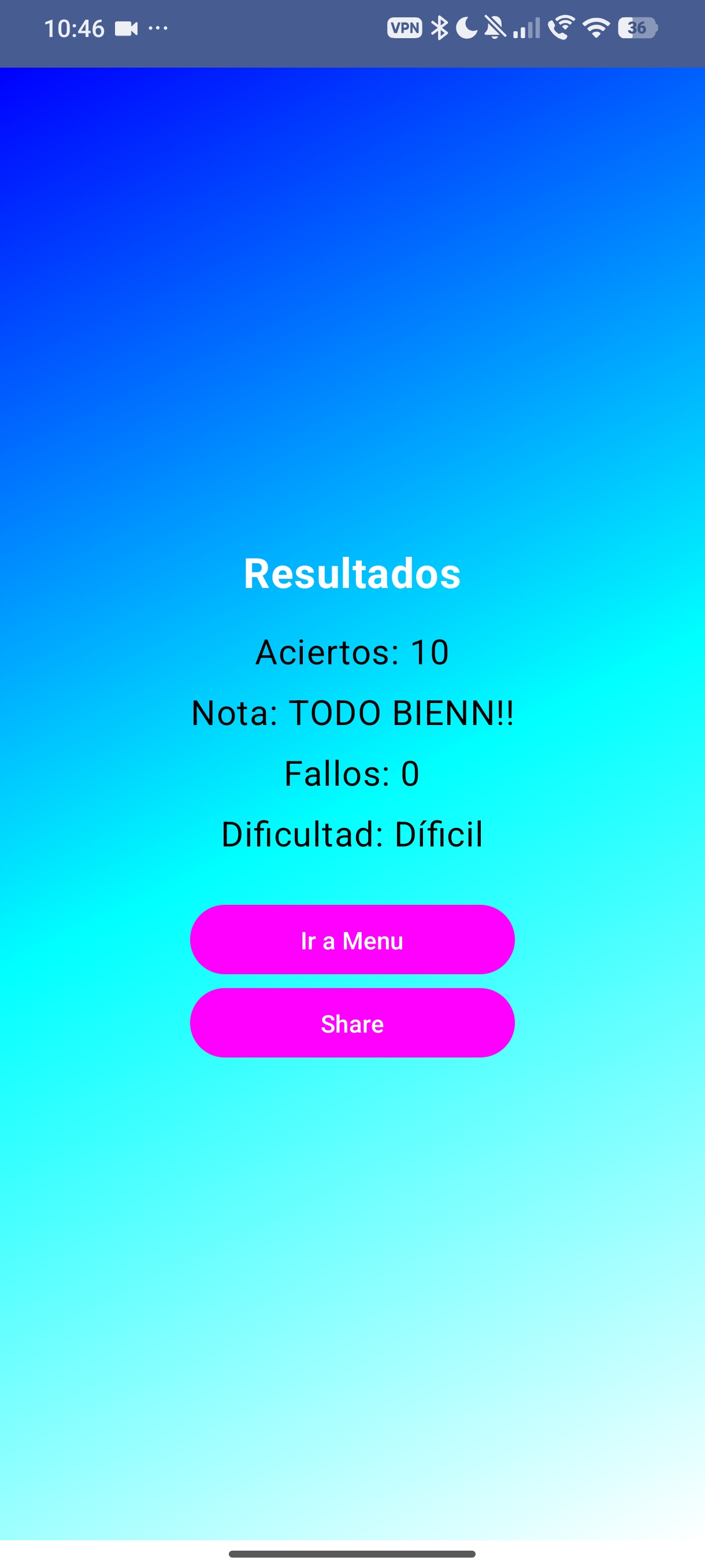 Android Trivia App perfect score results