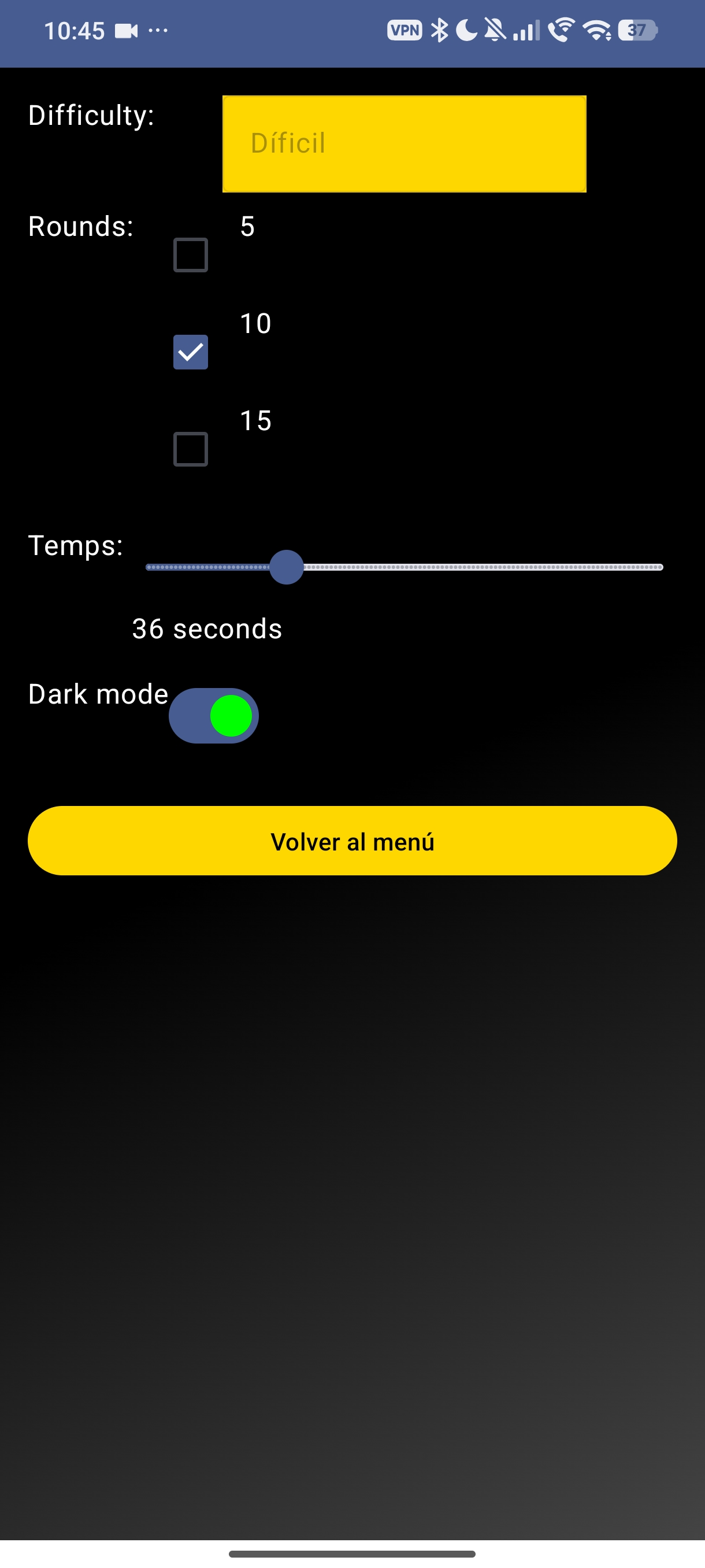 Android Trivia App settings in dark mode